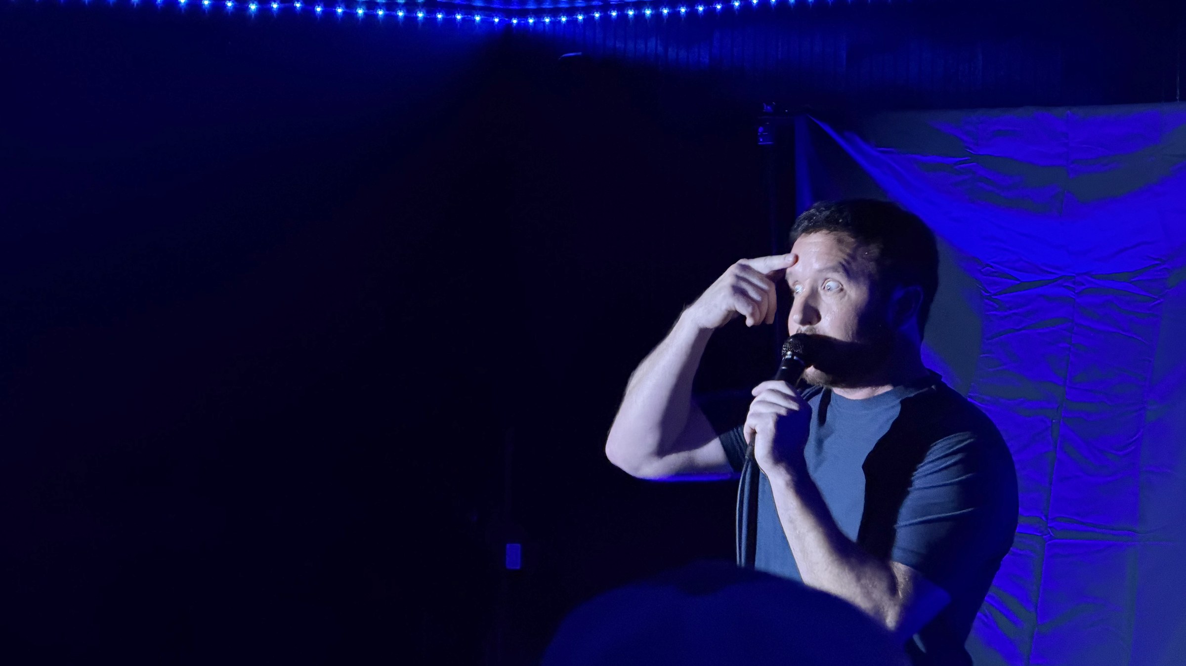 Comedian performing on stage at LauraLi's
